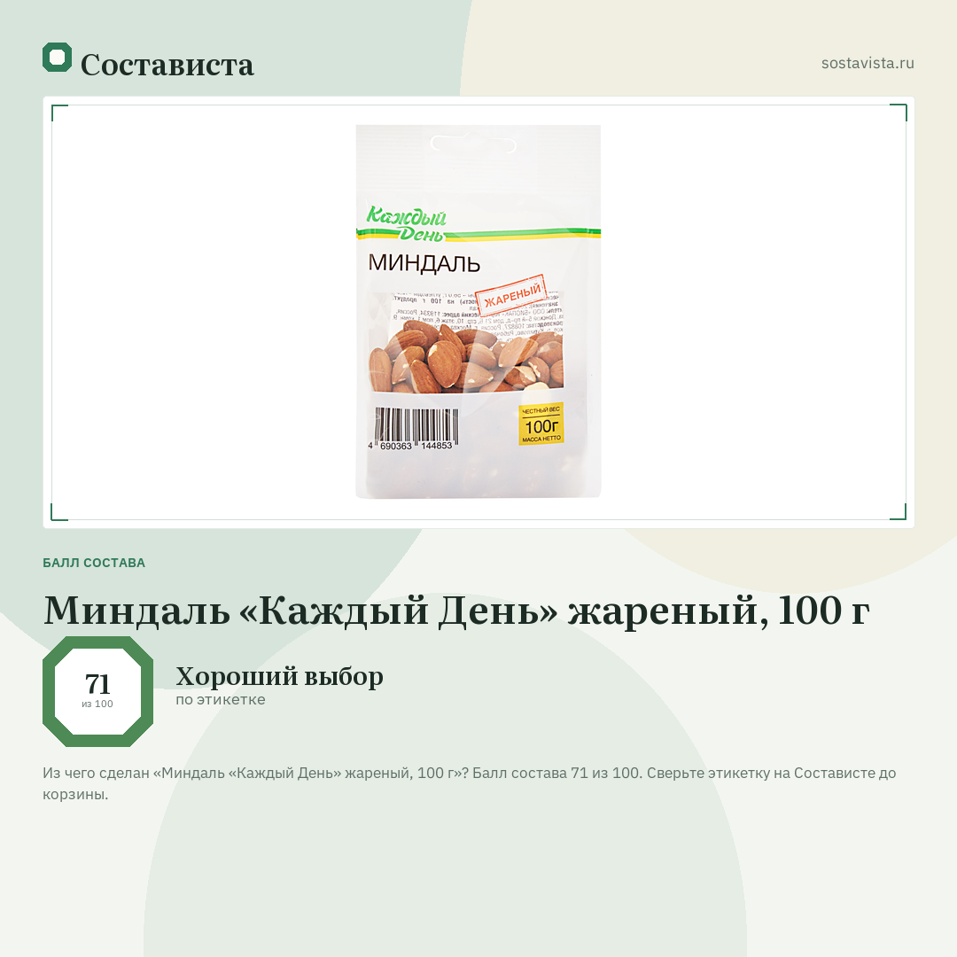 Миндаль «Каждый День» жареный, 100 г: балл состава 71 из 100 — Состависта