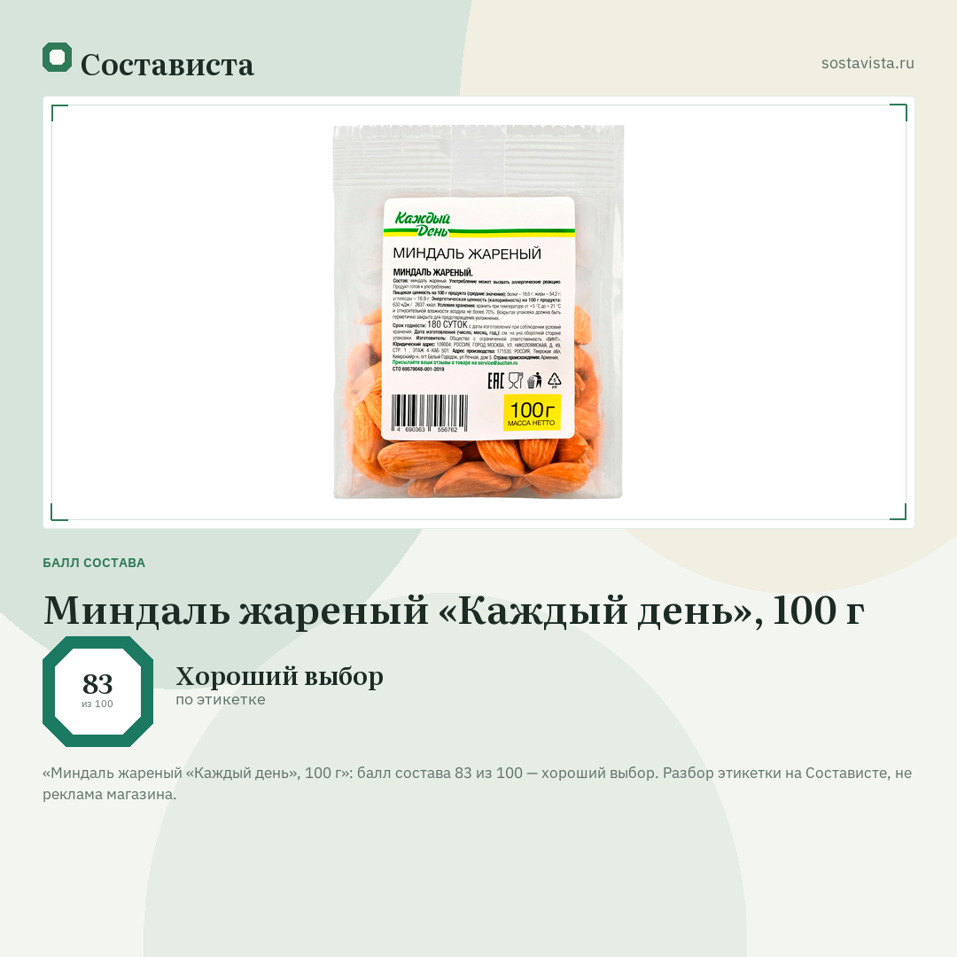 Миндаль жареный «Каждый день», 100 г: балл состава 83 из 100 — Состависта