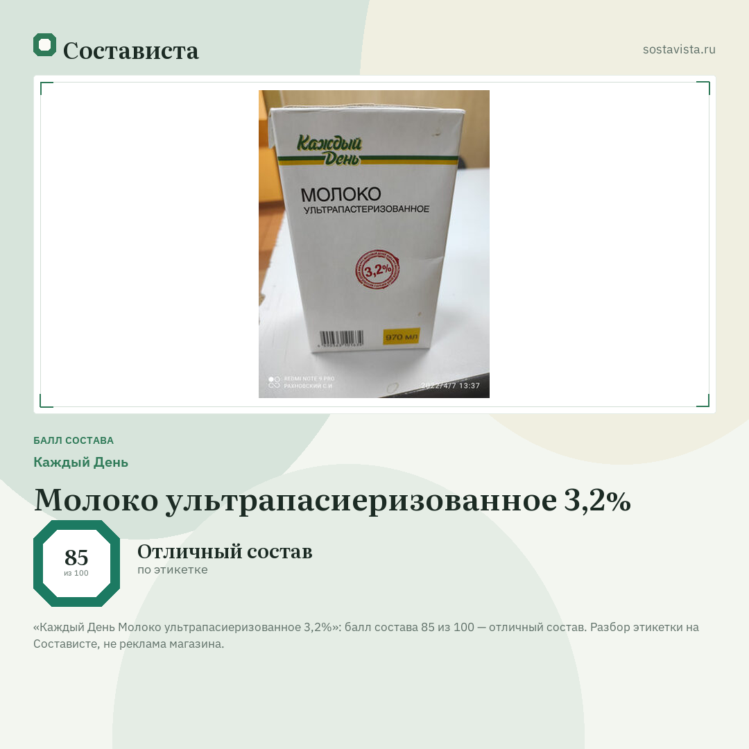 Каждый День Молоко ультрапасиеризованное 3,2%: балл состава 85 из 100 — Состависта
