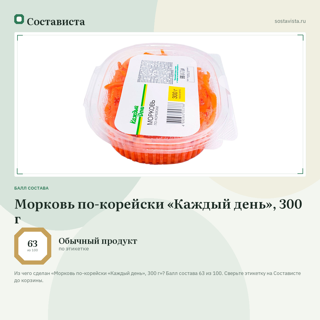 Морковь по-корейски «Каждый день», 300 г: балл состава 63 из 100 — Состависта