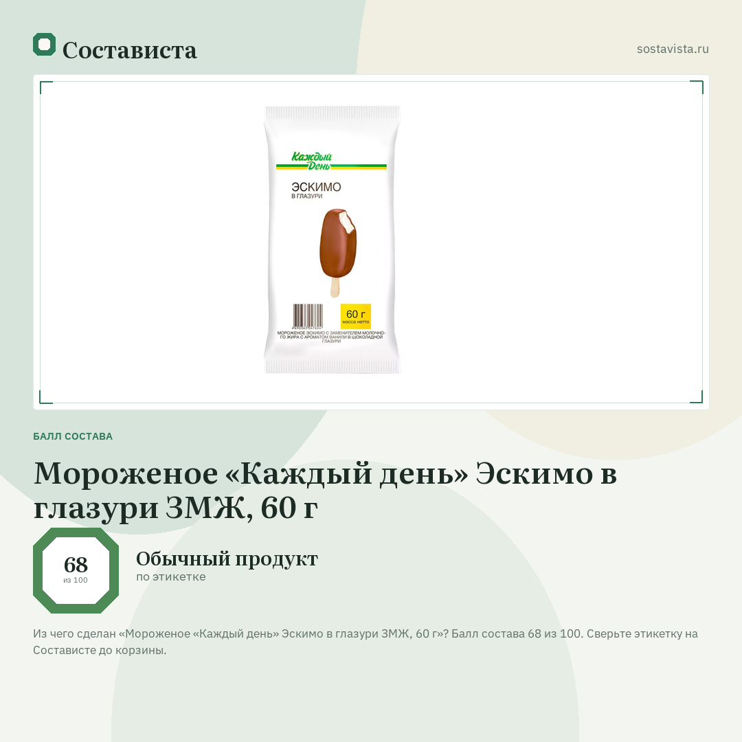 Мороженое «Каждый день» Эскимо в глазури ЗМЖ, 60 г: балл состава 68 из 100 — Состависта