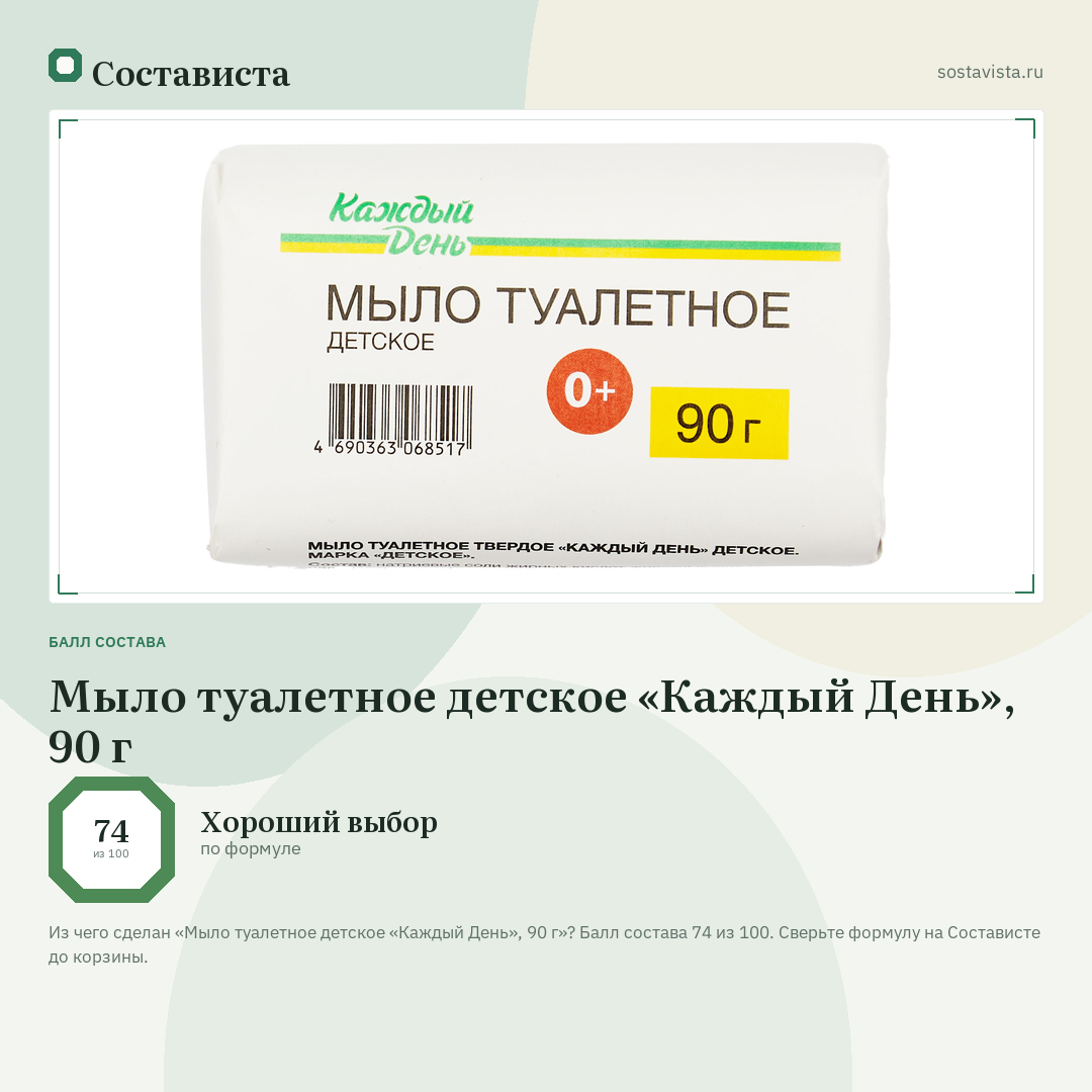 Мыло туалетное детское «Каждый День», 90 г: балл состава 74 из 100 — Состависта