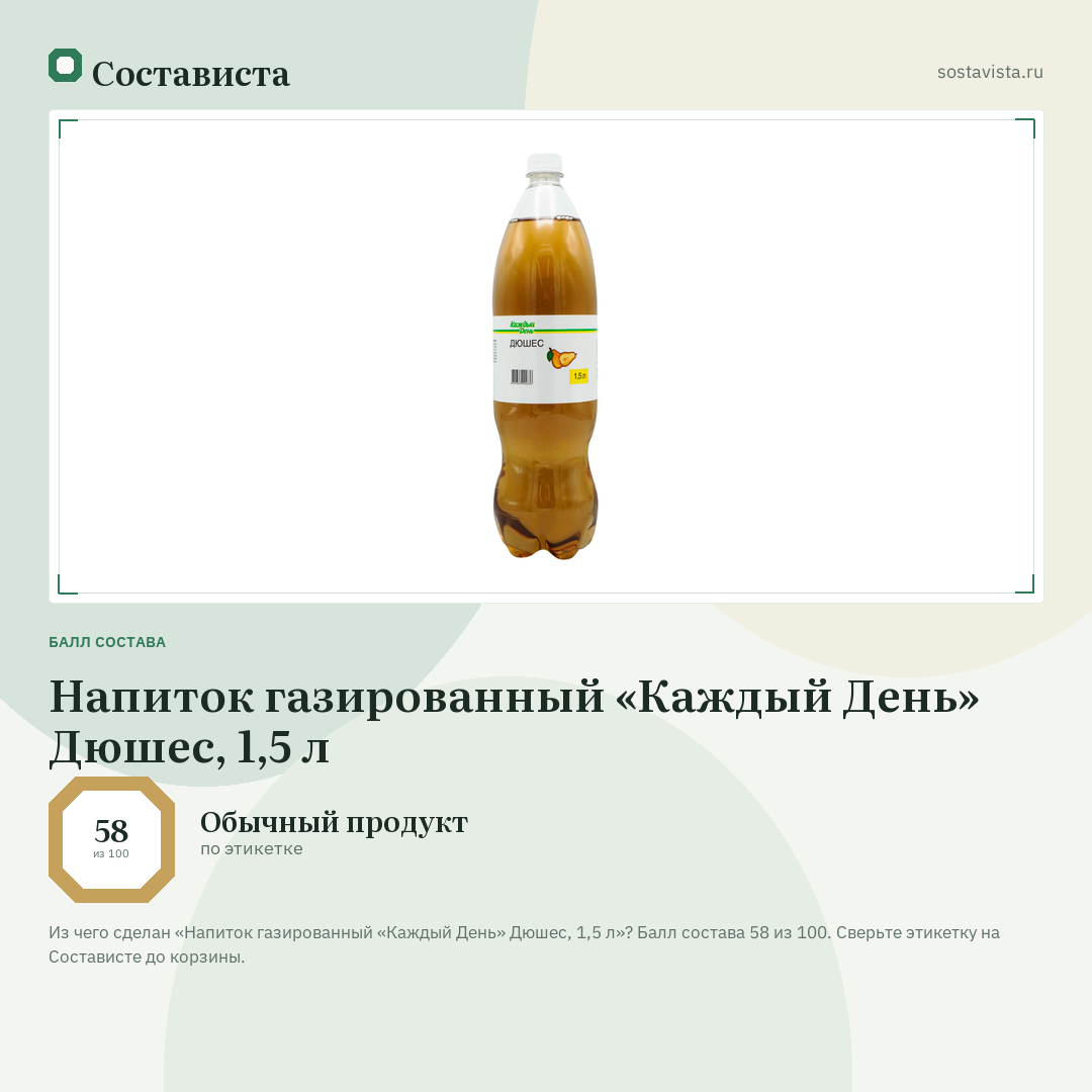 Напиток газированный «Каждый День» Дюшес, 1,5 л: балл состава 58 из 100 — Состависта