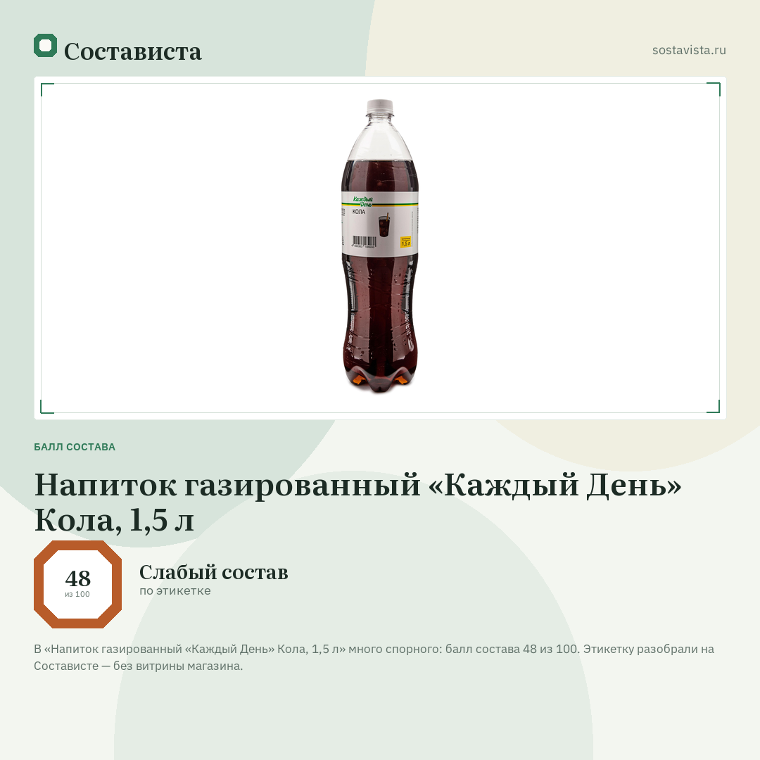 Напиток газированный «Каждый День» Кола, 1,5 л: балл состава 48 из 100 — Состависта