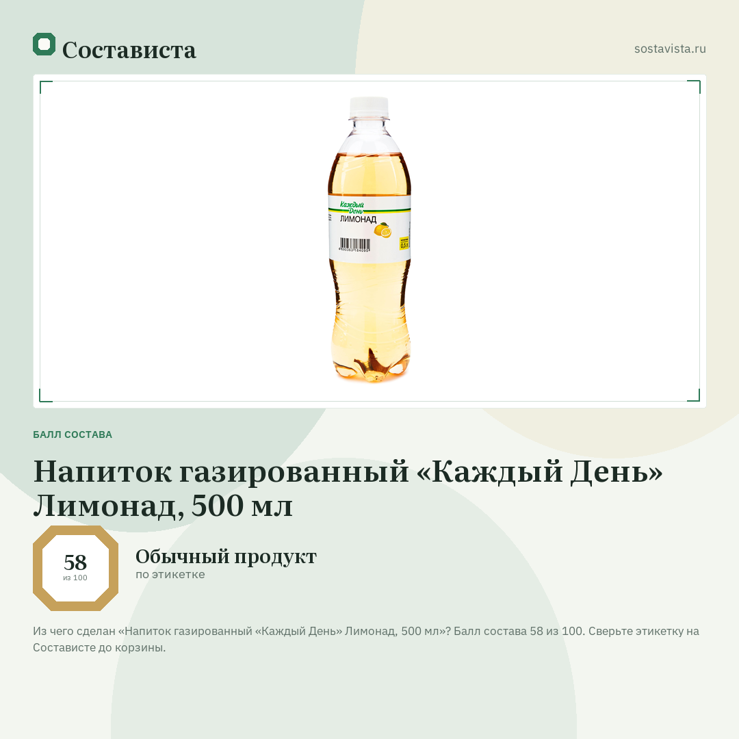 Напиток газированный «Каждый День» Лимонад, 500 мл: балл состава 58 из 100 — Состависта