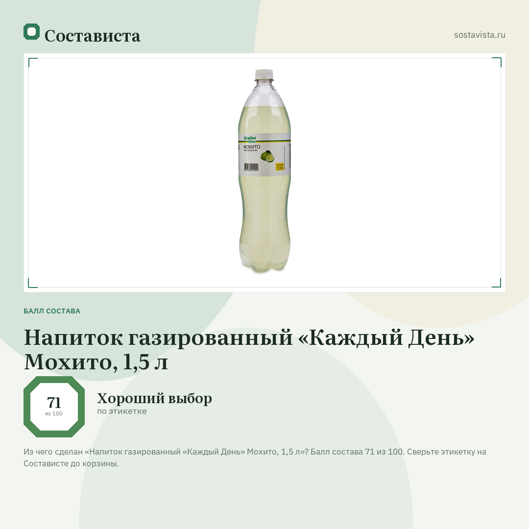 Напиток газированный «Каждый День» Мохито, 1,5 л: балл состава 71 из 100 — Состависта