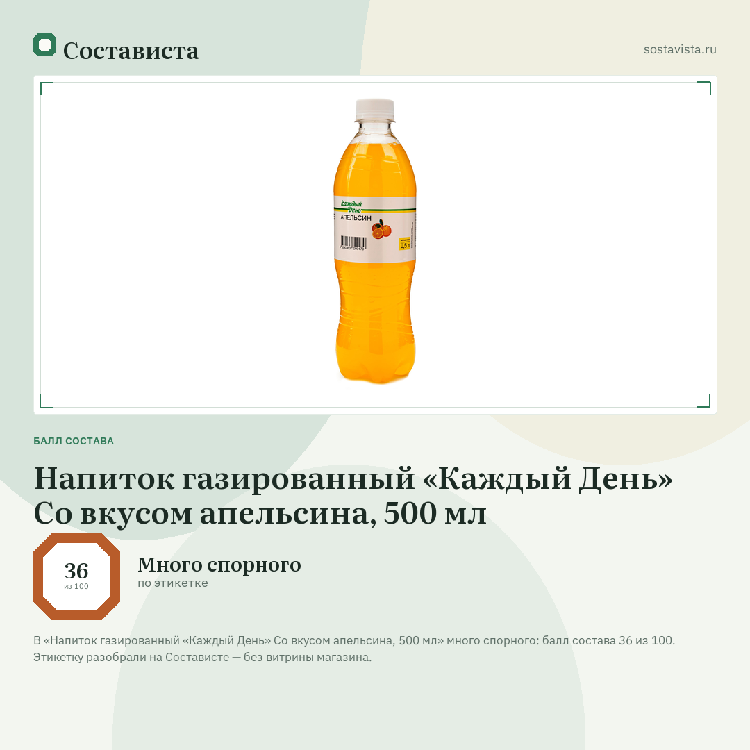 Напиток газированный «Каждый День» Со вкусом апельсина, 500 мл: балл состава 36 из 100 — Состависта