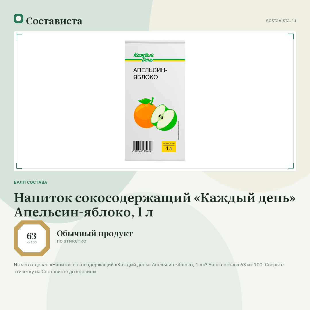 Напиток сокосодержащий «Каждый день» Апельсин-яблоко, 1 л: балл состава 63 из 100 — Состависта