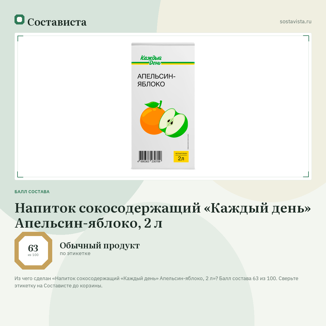 Напиток сокосодержащий «Каждый день» Апельсин-яблоко, 2 л: балл состава 63 из 100 — Состависта