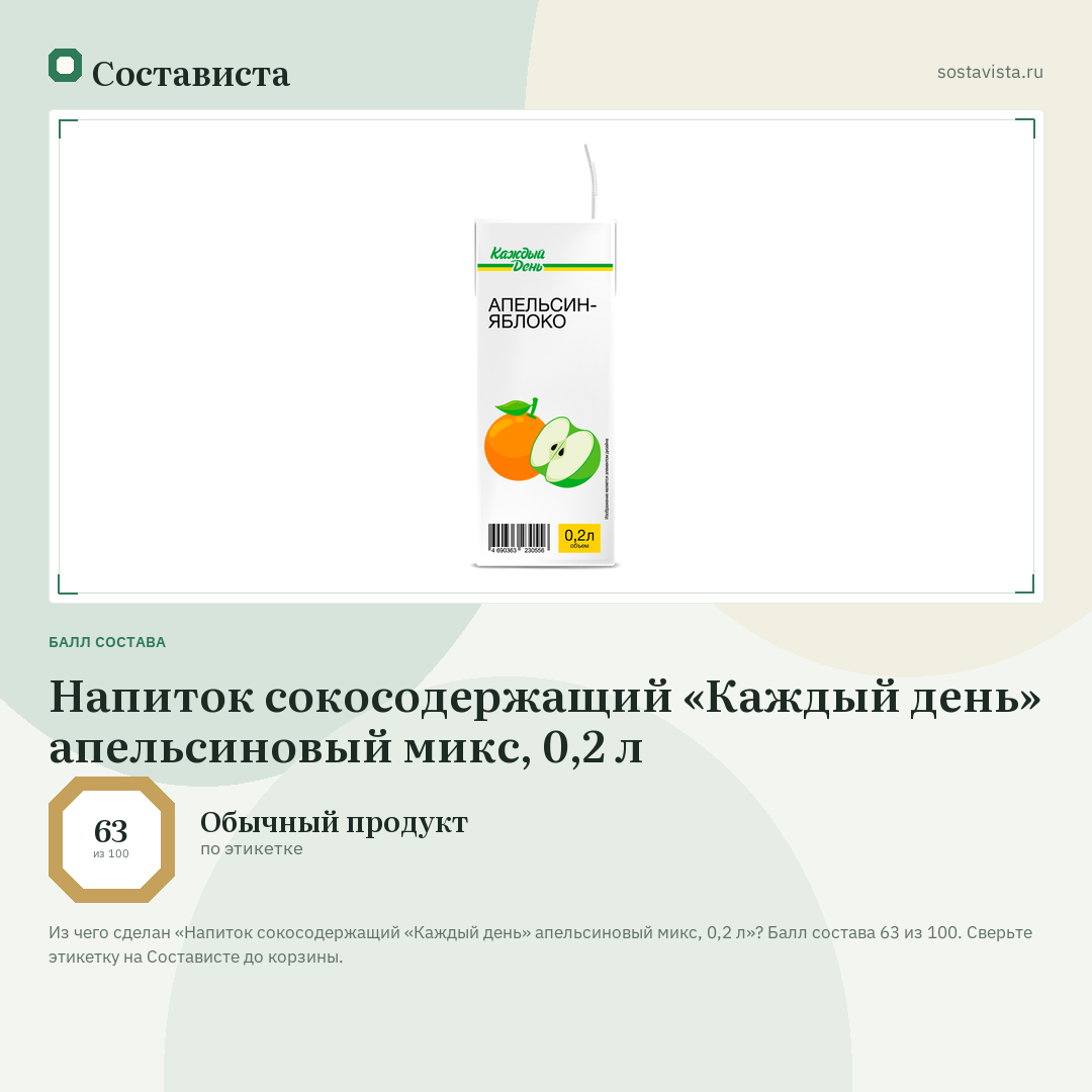 Напиток сокосодержащий «Каждый день» апельсиновый микс, 0,2 л: балл состава 63 из 100 — Состависта