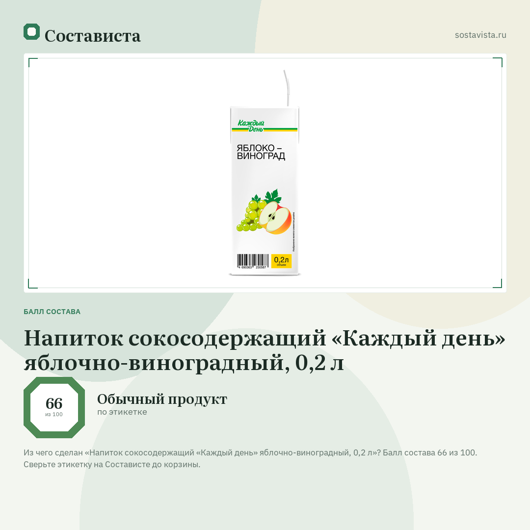 Напиток сокосодержащий «Каждый день» яблочно-виноградный, 0,2 л: балл состава 66 из 100 — Состависта