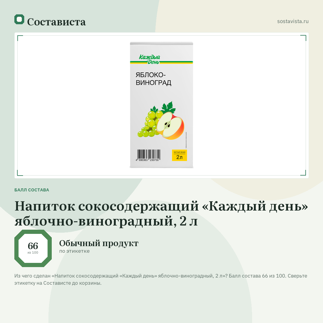 Напиток сокосодержащий «Каждый день» яблочно-виноградный, 2 л: балл состава 66 из 100 — Состависта