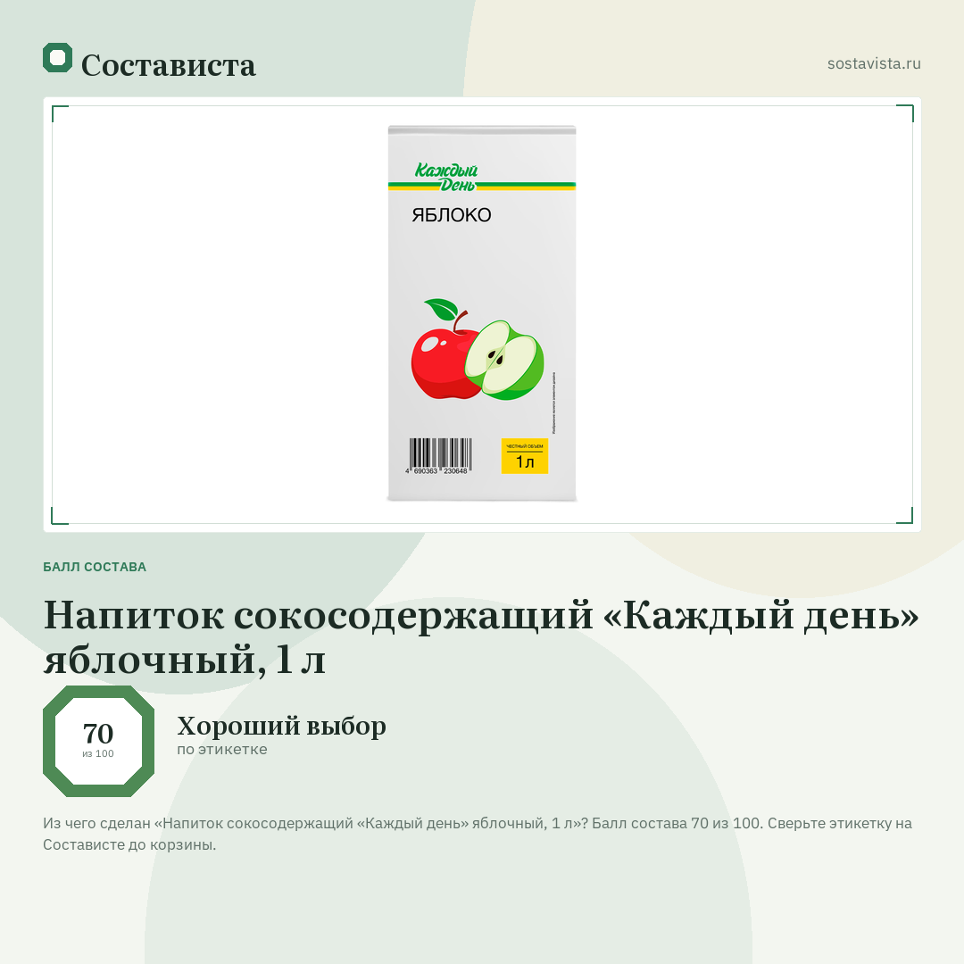 Напиток сокосодержащий «Каждый день» яблочный, 1 л: балл состава 70 из 100 — Состависта