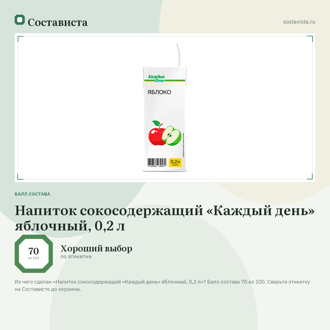Напиток сокосодержащий «Каждый день» яблочный, 0,2 л: балл состава 70 из 100 — Состависта