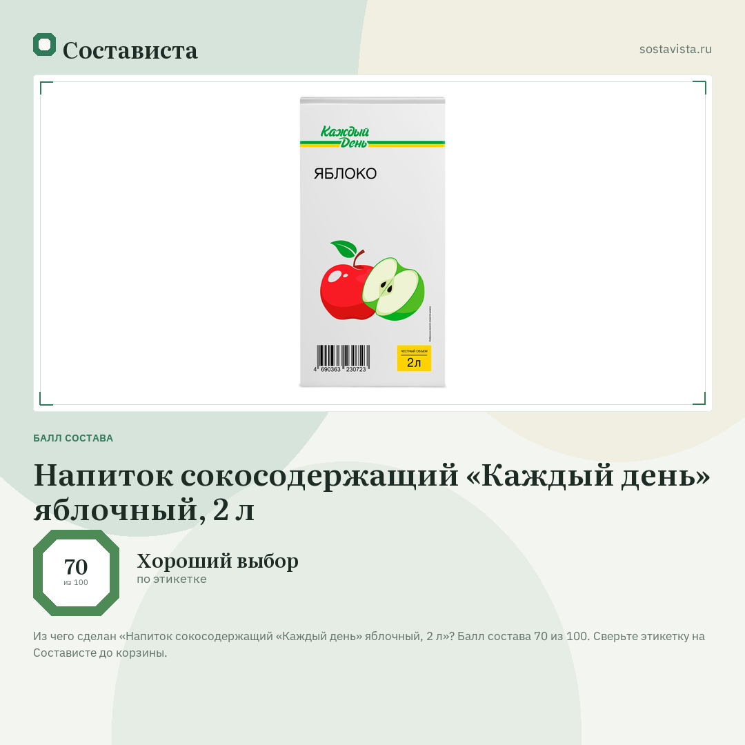 Напиток сокосодержащий «Каждый день» яблочный, 2 л: балл состава 70 из 100 — Состависта