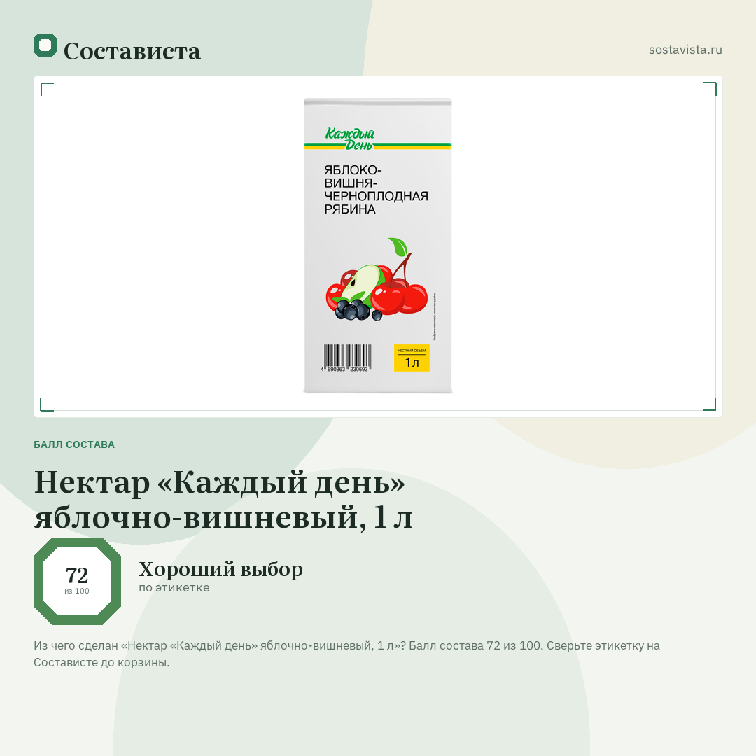 Нектар «Каждый день» яблочно-вишневый, 1 л: балл состава 72 из 100 — Состависта