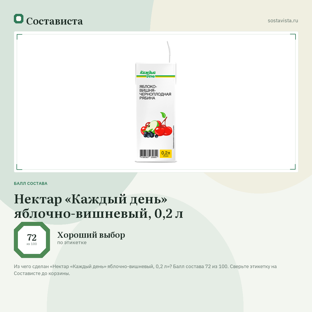 Нектар «Каждый день» яблочно-вишневый, 0,2 л: балл состава 72 из 100 — Состависта