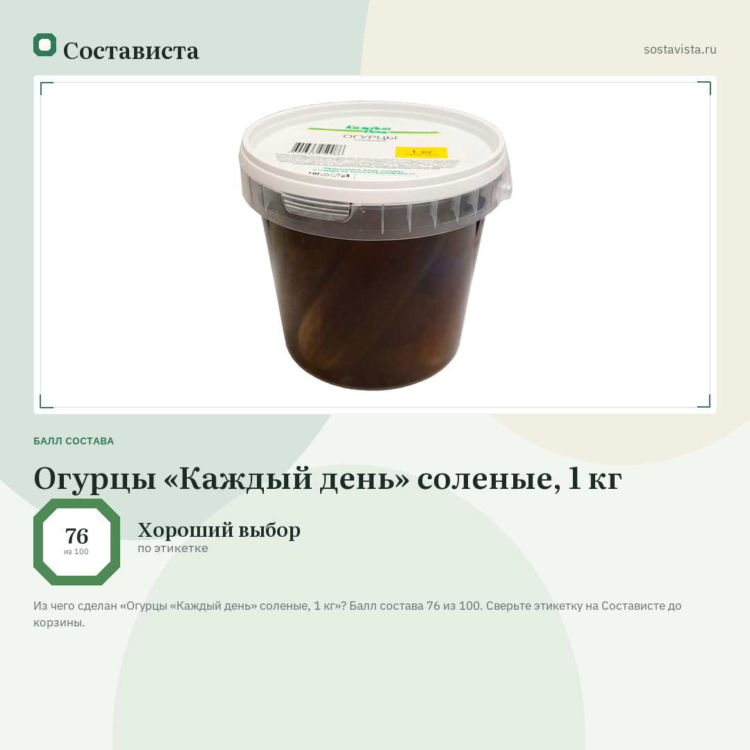 Огурцы «Каждый день» соленые, 1 кг: балл состава 76 из 100 — Состависта