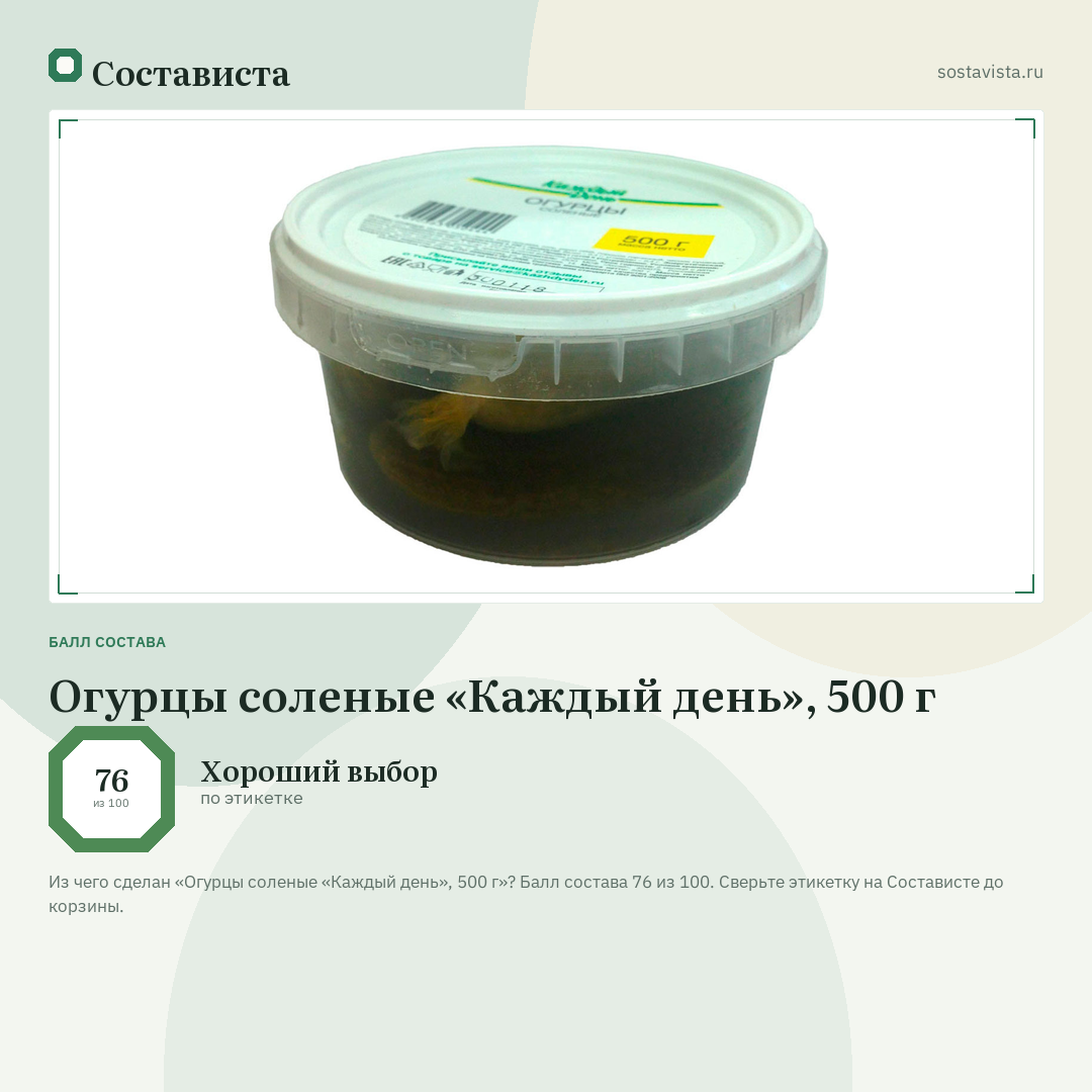 Огурцы соленые «Каждый день», 500 г: балл состава 76 из 100 — Состависта