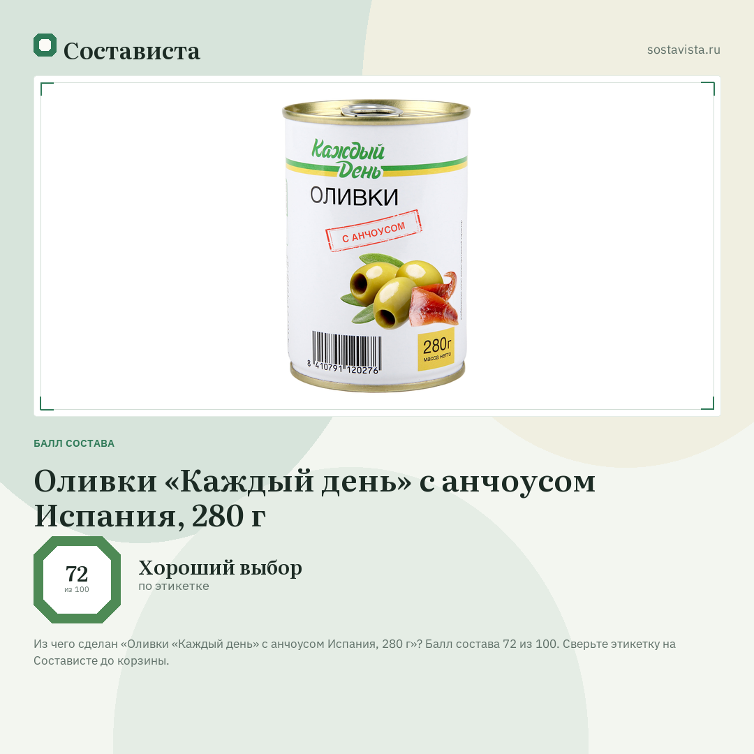 Оливки «Каждый день» с анчоусом Испания, 280 г: балл состава 72 из 100 — Состависта
