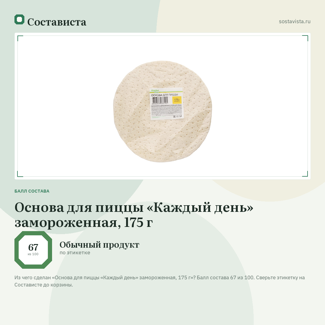Основа для пиццы «Каждый день» замороженная, 175 г: балл состава 67 из 100 — Состависта