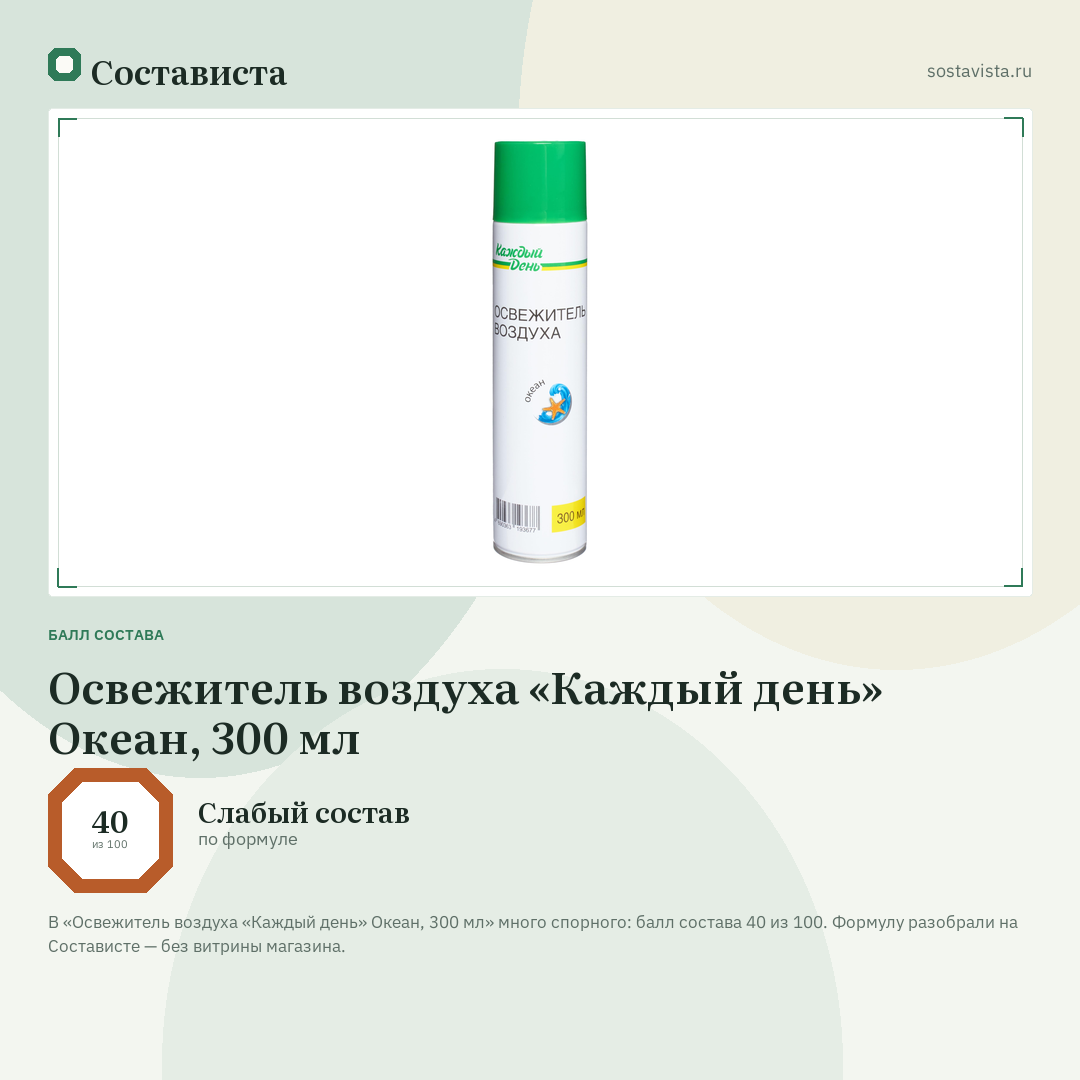 Освежитель воздуха «Каждый день» Океан, 300 мл: балл состава 40 из 100 — Состависта