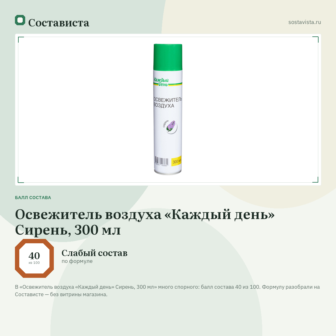 Освежитель воздуха «Каждый день» Сирень, 300 мл: балл состава 40 из 100 — Состависта