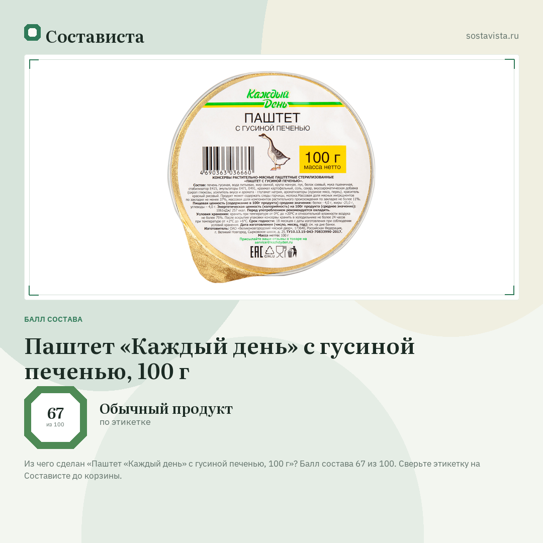Паштет «Каждый день» с гусиной печенью, 100 г: балл состава 67 из 100 — Состависта