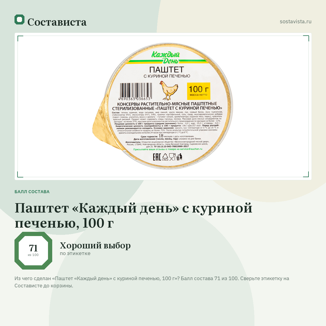Паштет «Каждый день» с куриной печенью, 100 г: балл состава 71 из 100 — Состависта