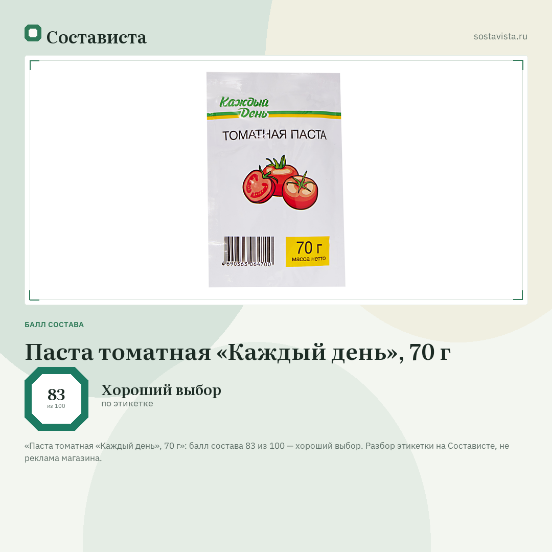 Паста томатная «Каждый день», 70 г: балл состава 83 из 100 — Состависта