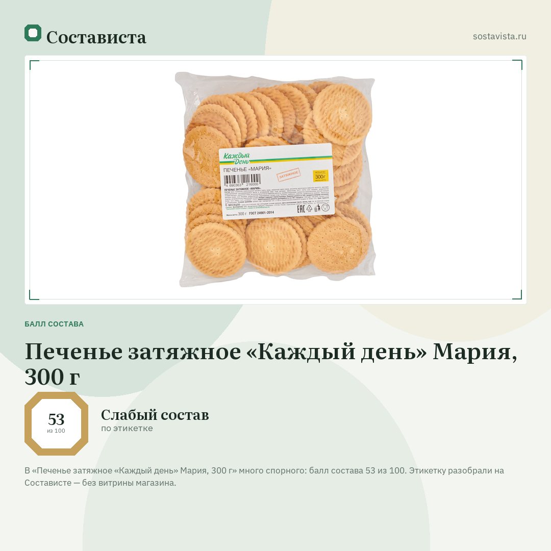 Печенье затяжное «Каждый день» Мария, 300 г: балл состава 53 из 100 — Состависта