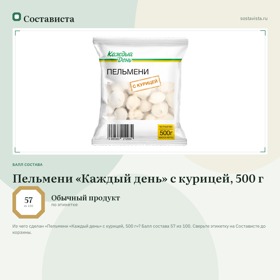 Пельмени «Каждый день» с курицей, 500 г: балл состава 57 из 100 — Состависта