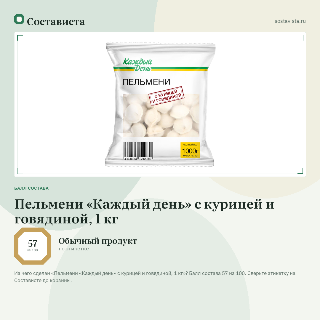 Пельмени «Каждый день» с курицей и говядиной, 1 кг: балл состава 57 из 100 — Состависта