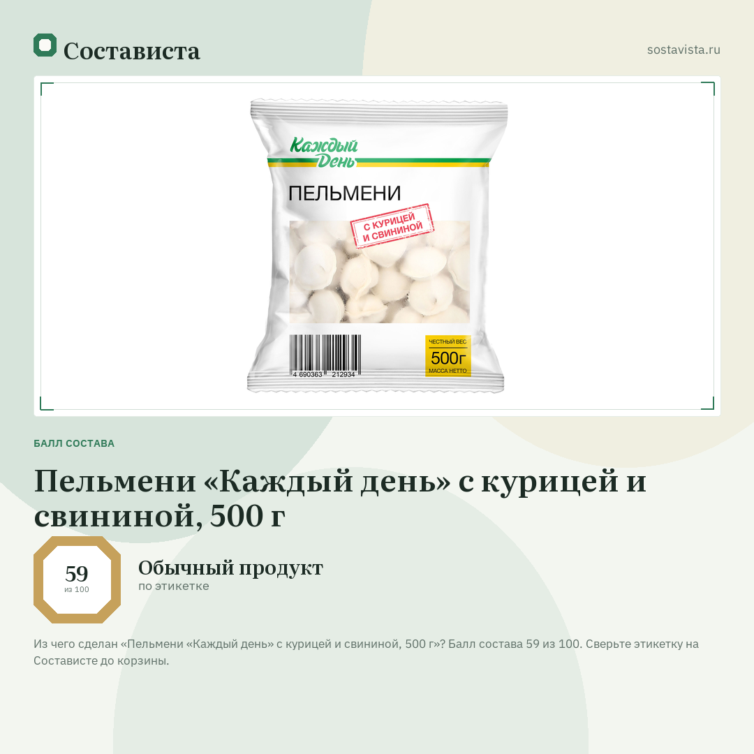 Пельмени «Каждый день» с курицей и свининой, 500 г: балл состава 59 из 100 — Состависта