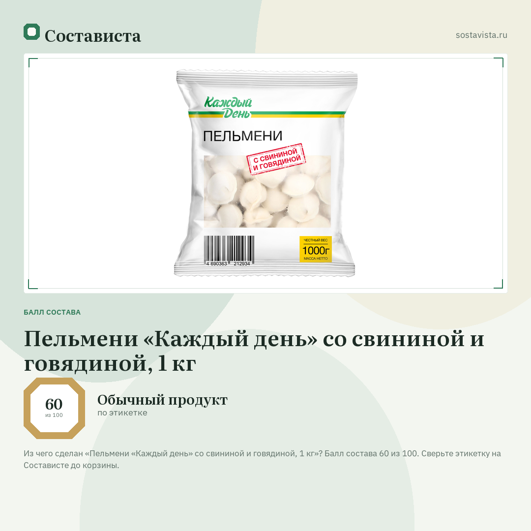 Пельмени «Каждый день» со свининой и говядиной, 1 кг: балл состава 60 из 100 — Состависта