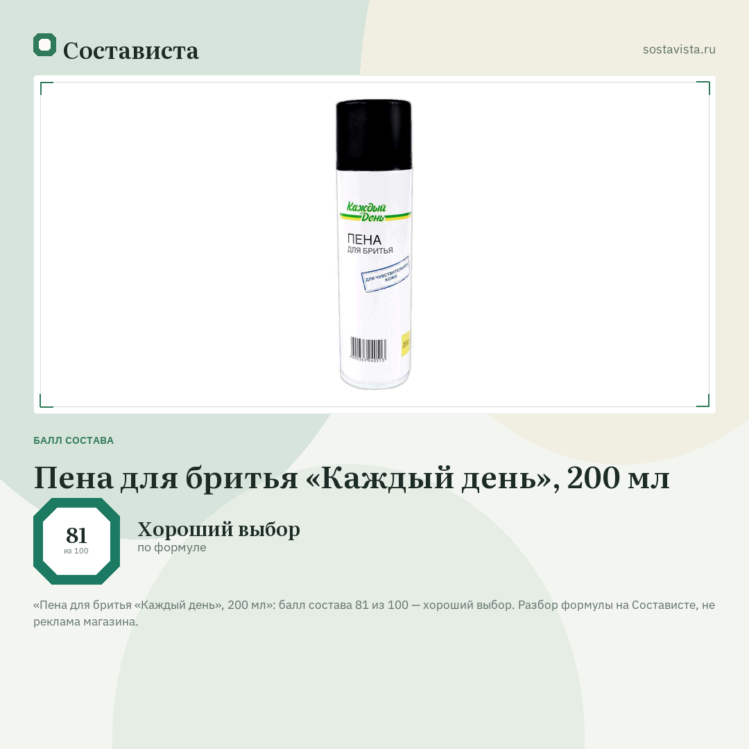 Пена для бритья «Каждый день», 200 мл: балл состава 81 из 100 — Состависта