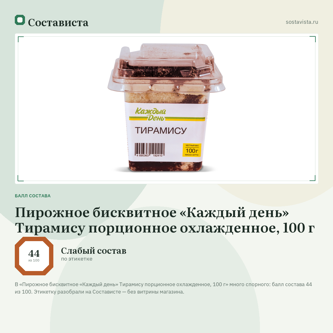 Пирожное бисквитное «Каждый день» Тирамису порционное охлажденное, 100 г: балл состава 44 из 100 — Состависта