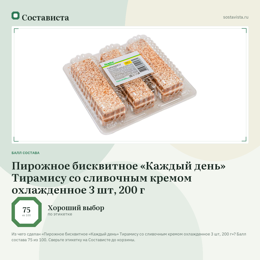 Пирожное бисквитное «Каждый день» Тирамису со сливочным кремом охлажденное 3 шт, 200 г: балл состава 75 из 100 — Состависта