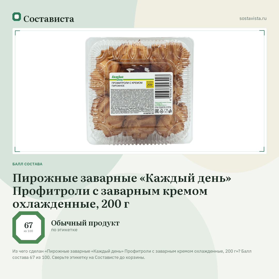 Пирожные заварные «Каждый день» Профитроли с заварным кремом охлажденные, 200 г: балл состава 67 из 100 — Состависта