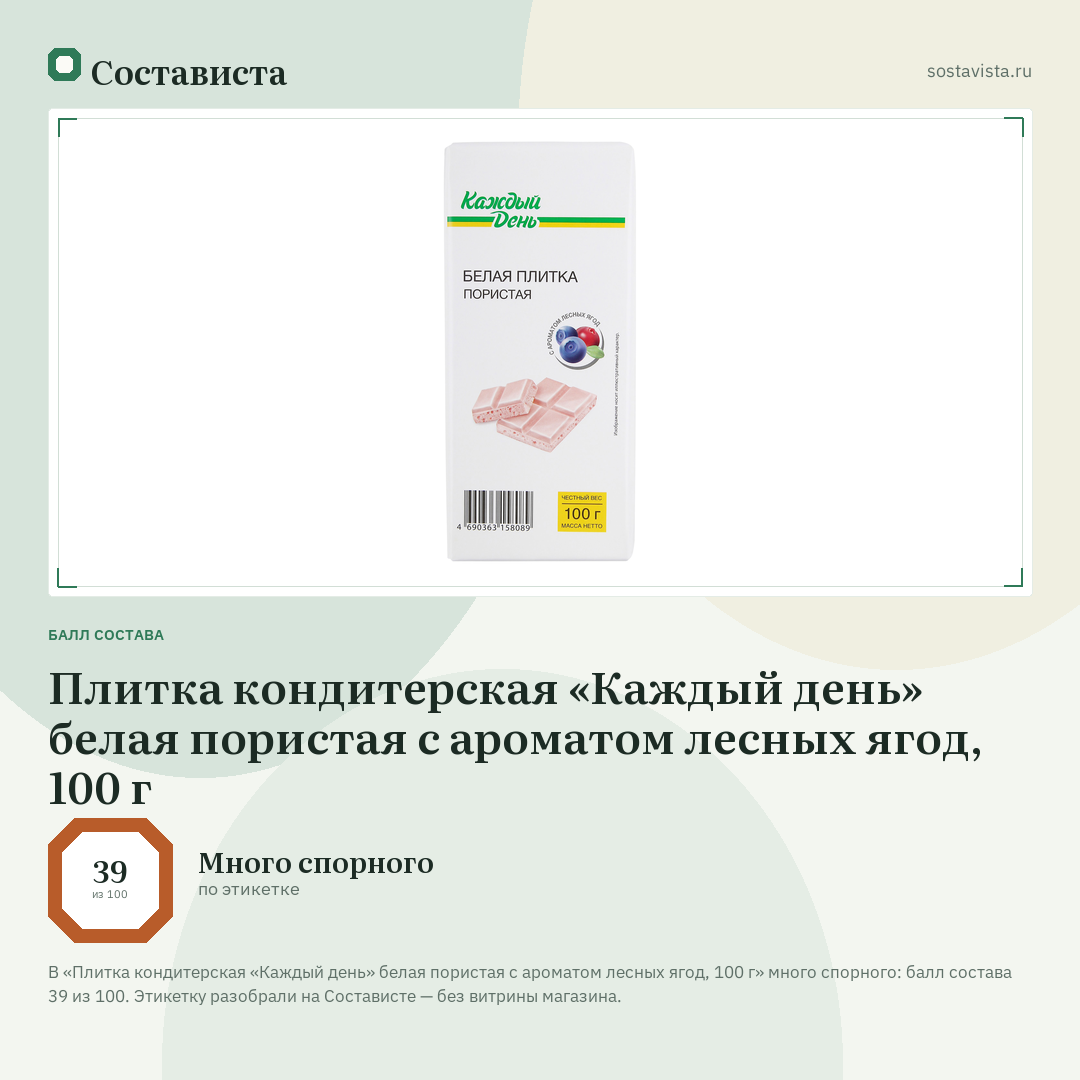 Плитка кондитерская «Каждый день» белая пористая с ароматом лесных ягод, 100 г: балл состава 39 из 100 — Состависта