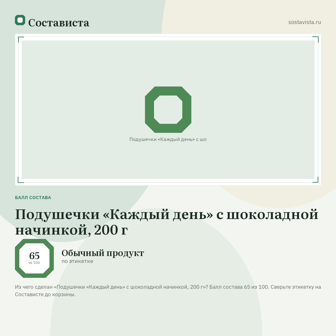 Подушечки «Каждый день» с шоколадной начинкой, 200 г: балл состава 65 из 100 — Состависта