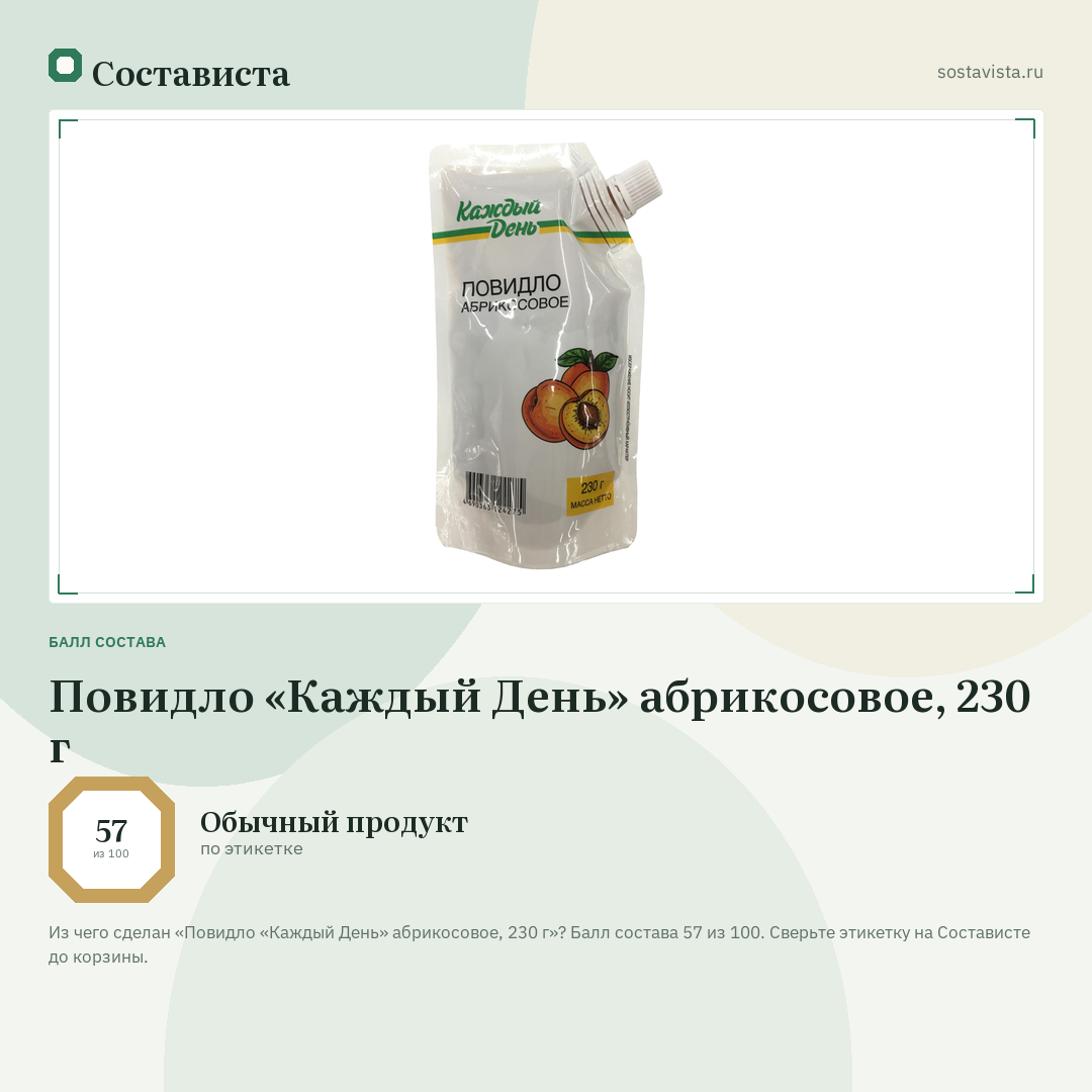 Повидло «Каждый День» абрикосовое, 230 г: балл состава 57 из 100 — Состависта