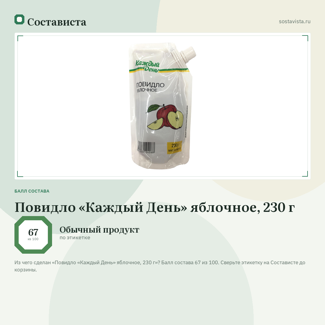 Повидло «Каждый День» яблочное, 230 г: балл состава 67 из 100 — Состависта