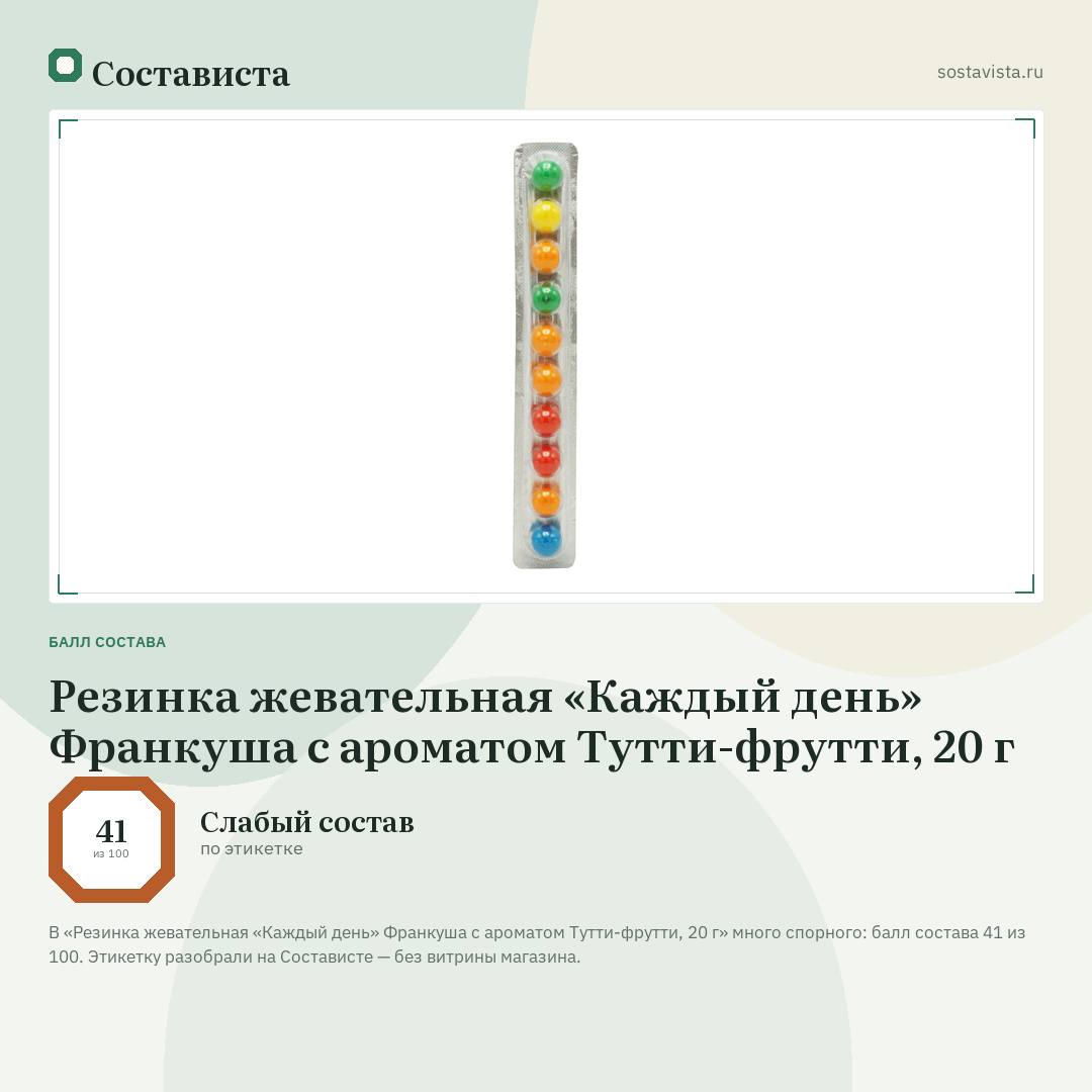 Резинка жевательная «Каждый день» Франкуша с ароматом Тутти-фрутти, 20 г: балл состава 41 из 100 — Состависта