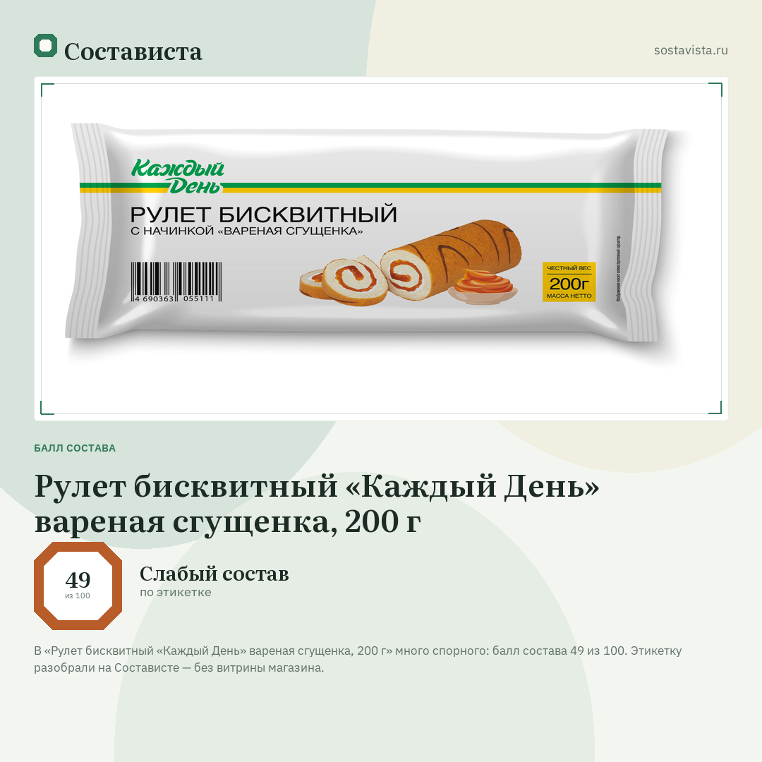 Рулет бисквитный «Каждый День» вареная сгущенка, 200 г: балл состава 49 из 100 — Состависта