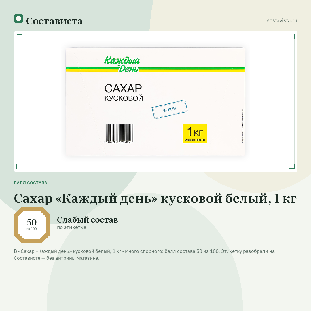 Сахар «Каждый день» кусковой белый, 1 кг: балл состава 50 из 100 — Состависта