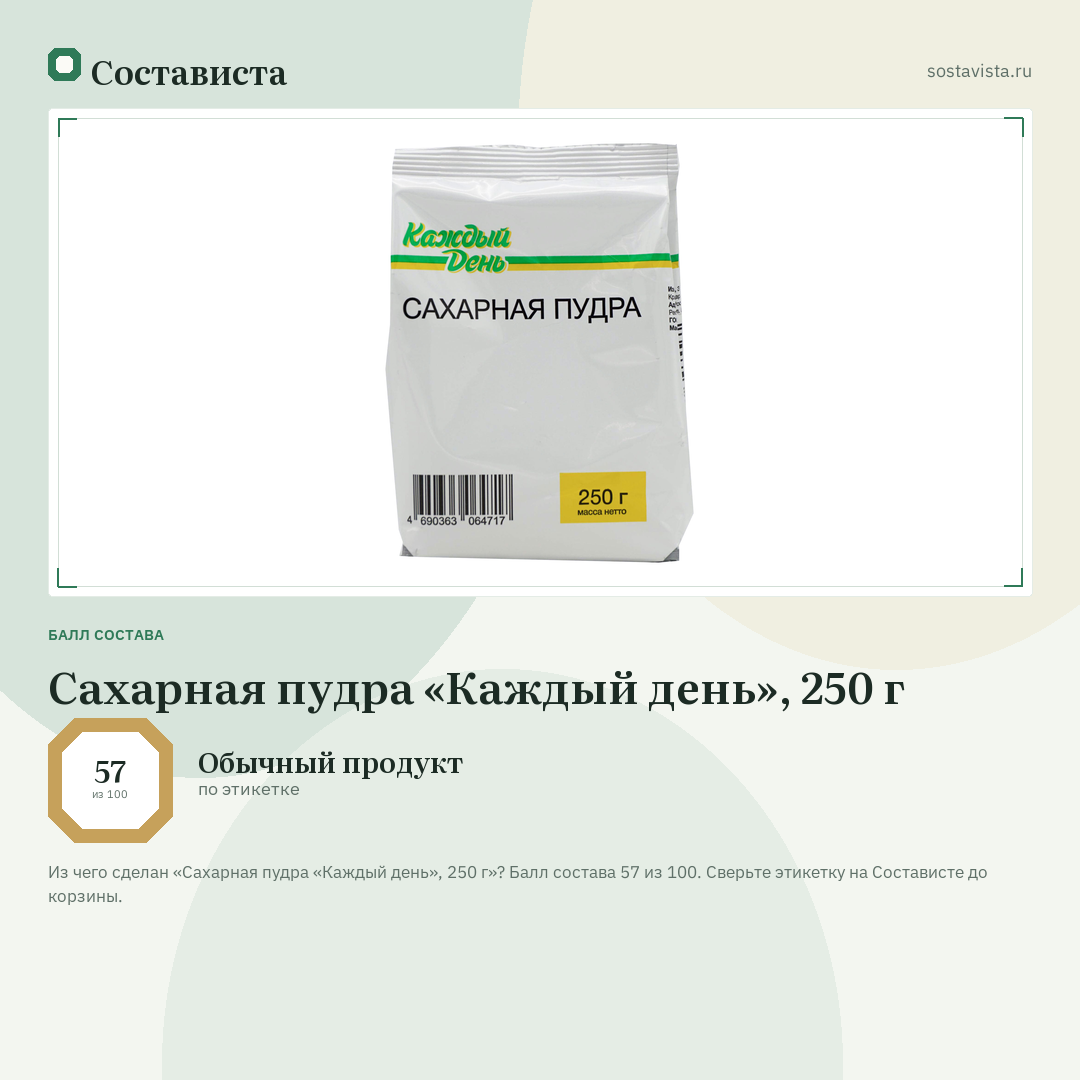 Сахарная пудра «Каждый день», 250 г: балл состава 57 из 100 — Состависта