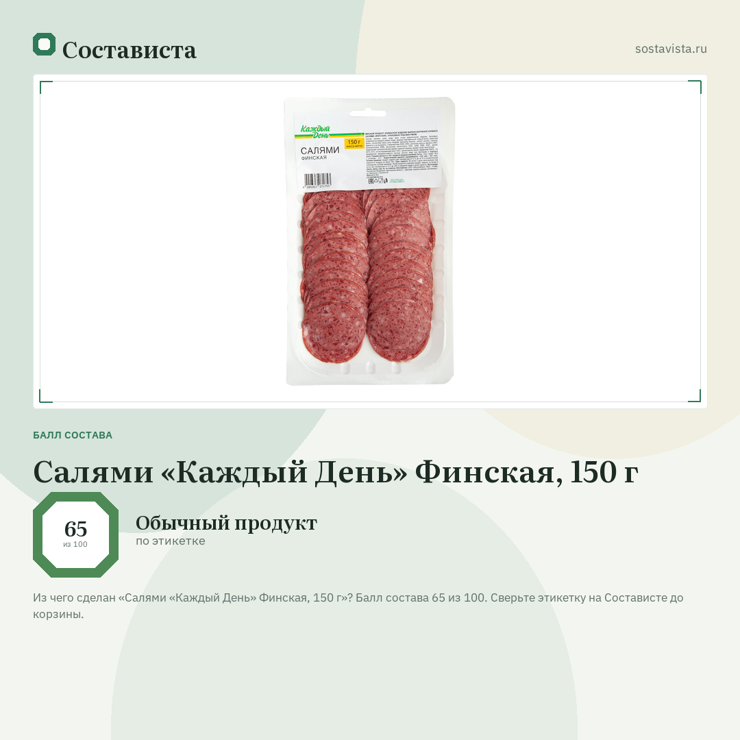 Салями «Каждый День» Финская, 150 г: балл состава 65 из 100 — Состависта