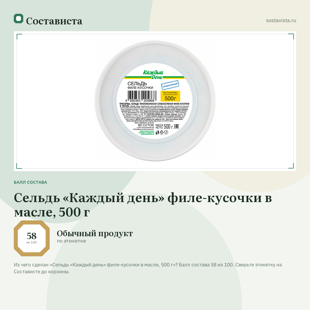 Сельдь «Каждый день» филе-кусочки в масле, 500 г: балл состава 58 из 100 — Состависта