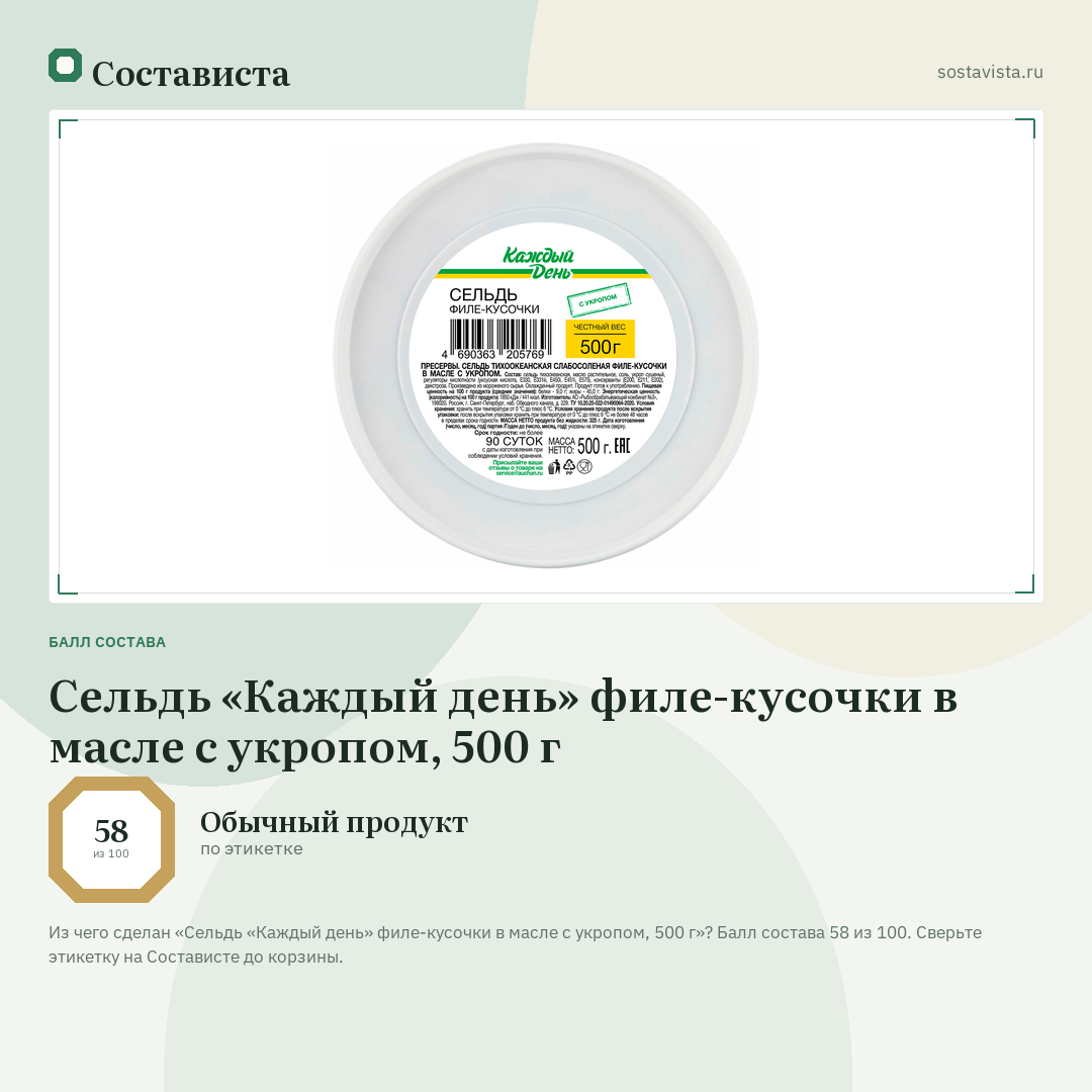 Сельдь «Каждый день» филе-кусочки в масле с укропом, 500 г: балл состава 58 из 100 — Состависта